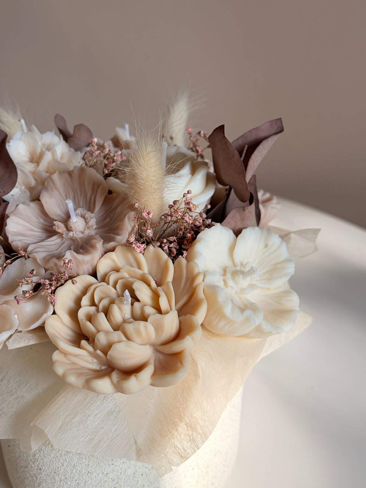 natural blush Bouquet - Rapswachskerzen Blumenstrauß