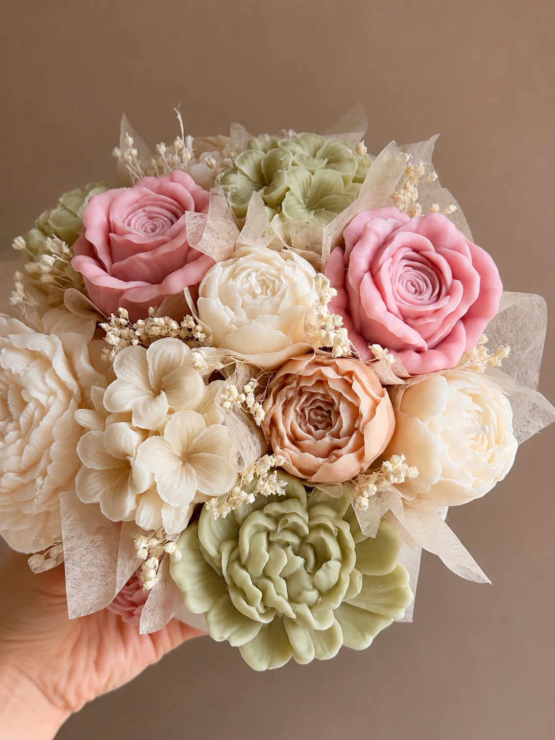 Pastell Blush Kerzenblumenstrauß – Kerze aus Rapswachs